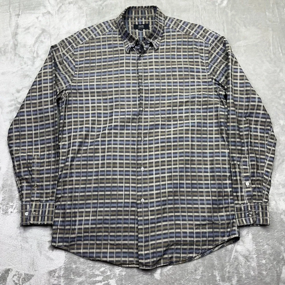 Lot of 2 Zanella Button-Up Shirt Plaid Striped‎ Long Sleeve Made in Italy L Boho